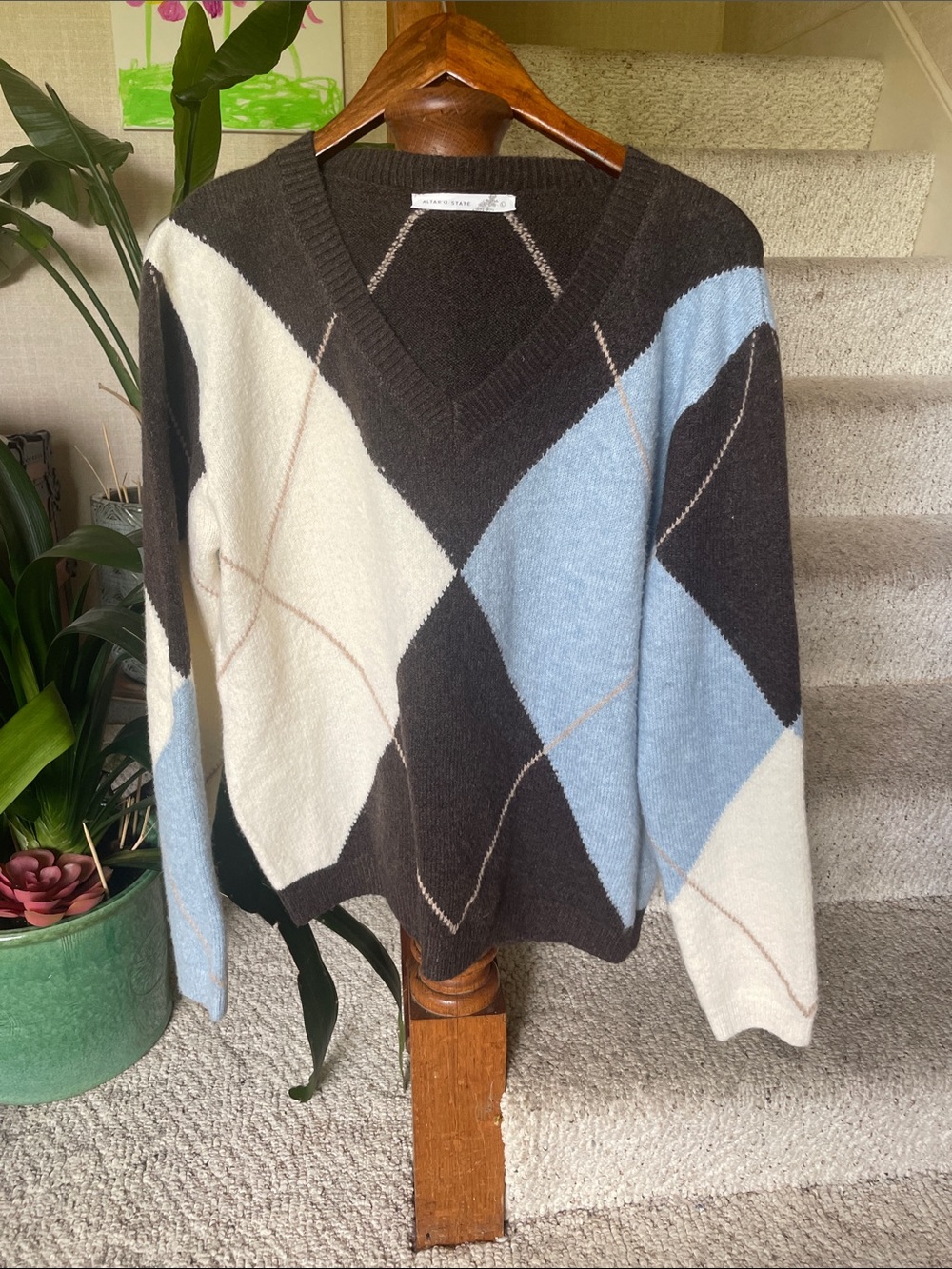 Altar'd State Brown Preppy Argyle Sweater with Cream Stripe